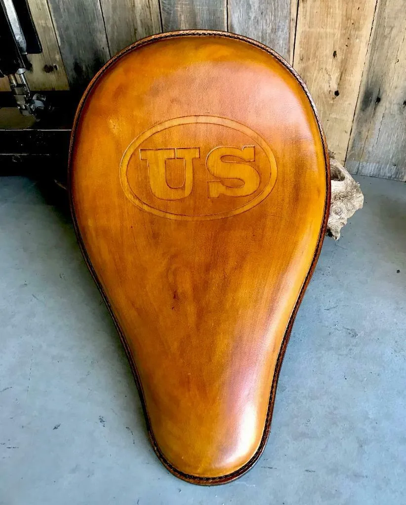 11x16 Gel Tan US Tooled Leather Spring Solo Seat  Chopper Bobber Harley Softail
