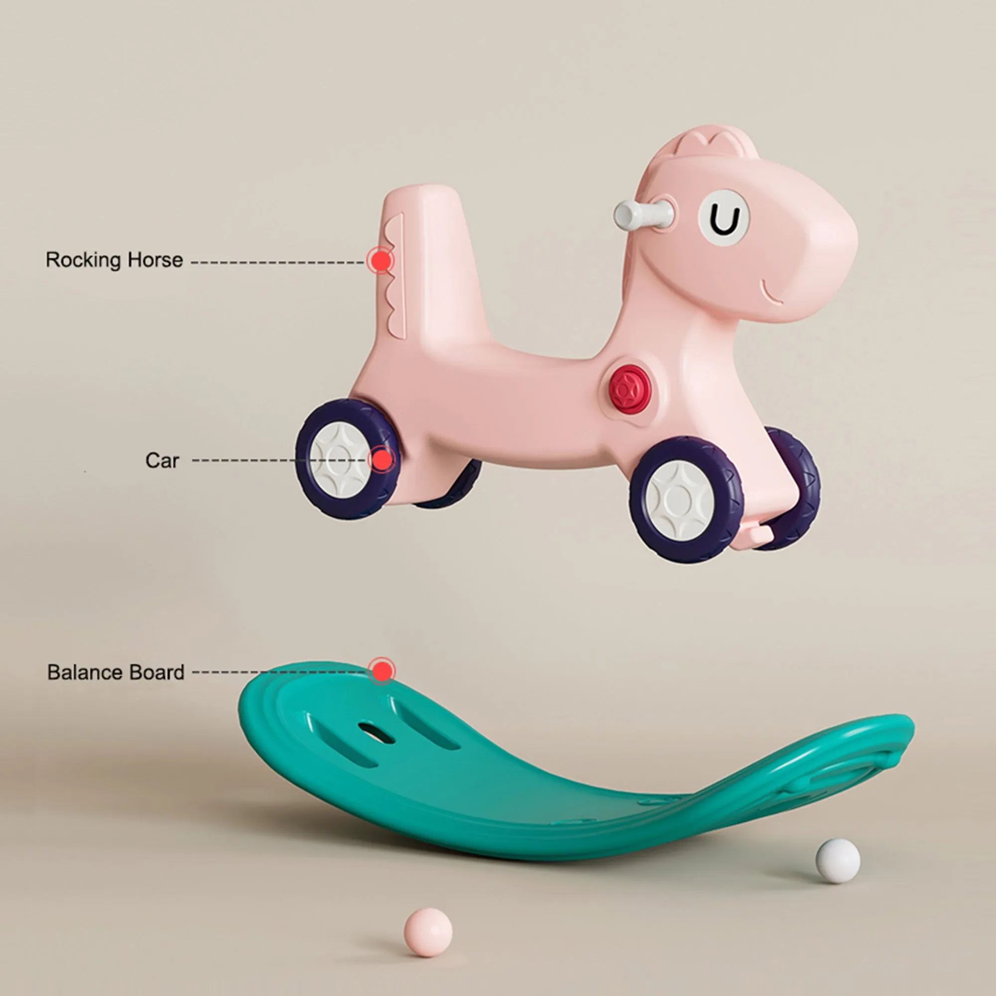 3-in-1 Kids Rocking Horse with Ride On Push Car & Balance Board