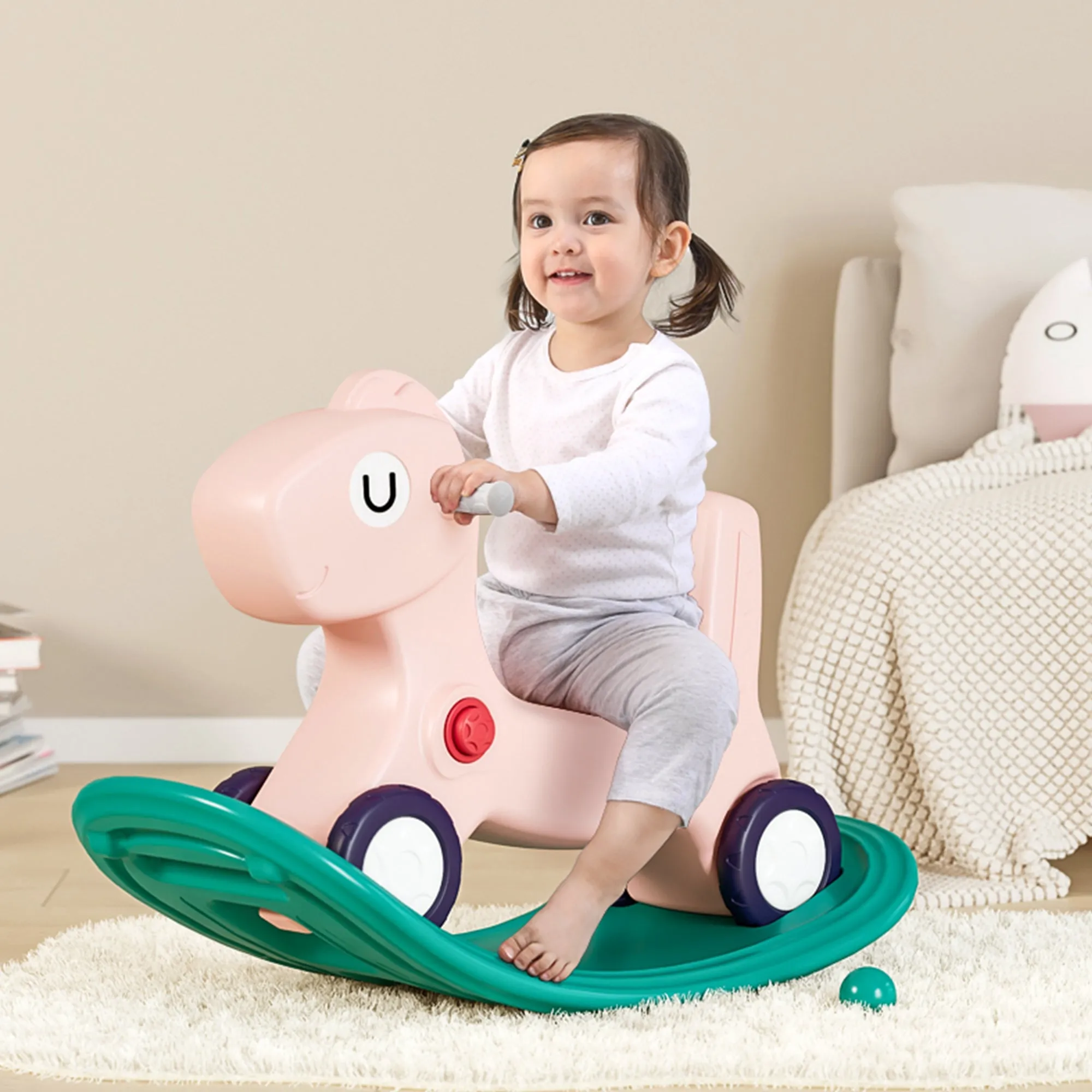 3-in-1 Kids Rocking Horse with Ride On Push Car & Balance Board
