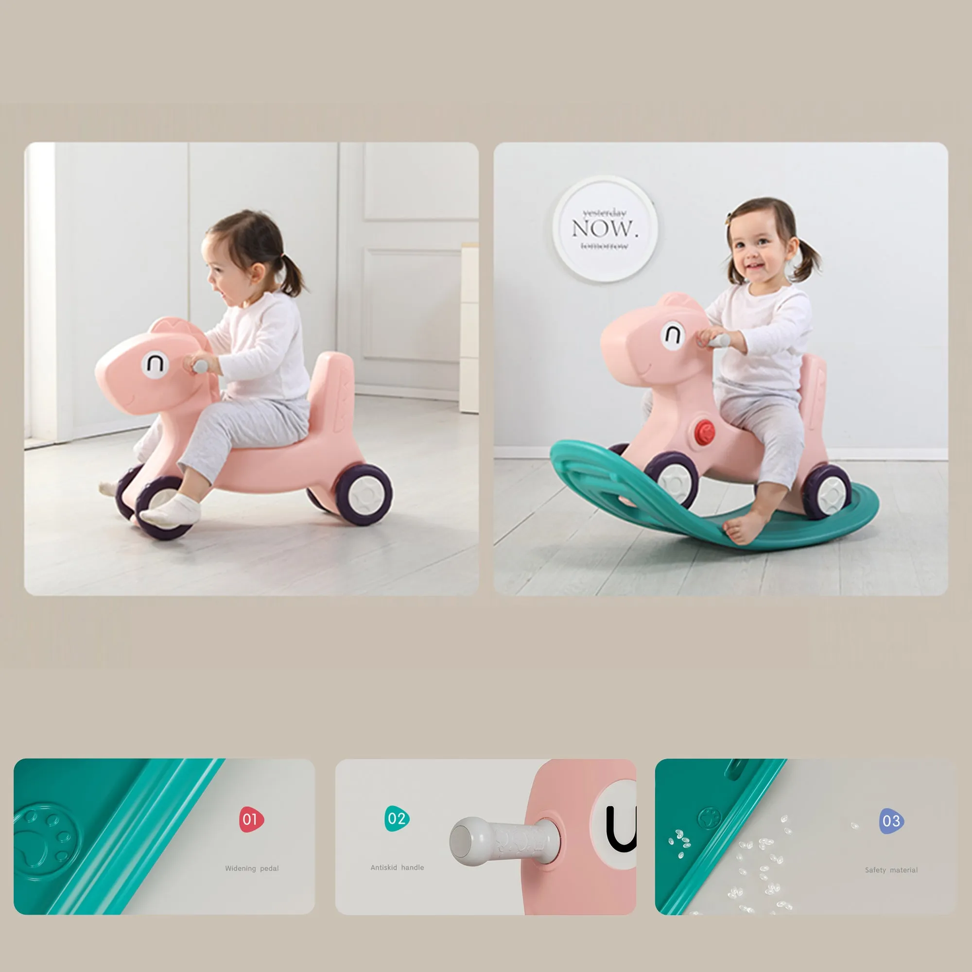3-in-1 Kids Rocking Horse with Ride On Push Car & Balance Board