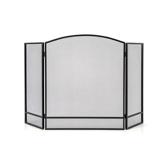 3-Panel Foldable Fireplace Screen with Wrought Metal Mesh-Black - Color: Black