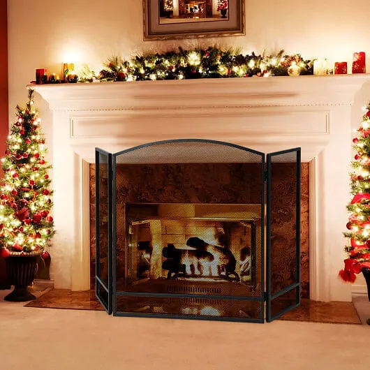 3-Panel Foldable Fireplace Screen with Wrought Metal Mesh-Black - Color: Black
