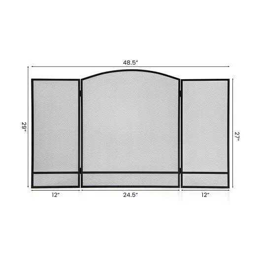 3-Panel Foldable Fireplace Screen with Wrought Metal Mesh-Black - Color: Black