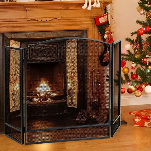 3-Panel Foldable Fireplace Screen with Wrought Metal Mesh-Black - Color: Black