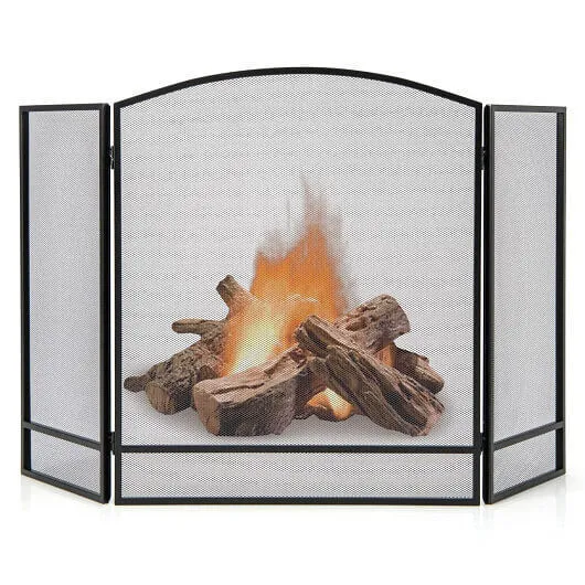 3-Panel Foldable Fireplace Screen with Wrought Metal Mesh-Black - Color: Black