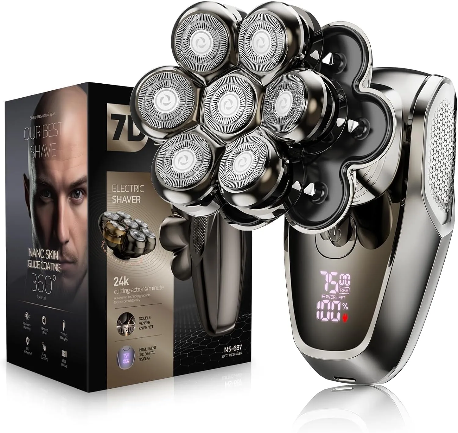 7D Head Shavers for Bald Men,  Detachable Head Shaver LED Display Dry Wet Bald Head Shavers, IPX7 Waterproof Head Shavers with Type-C Charge
