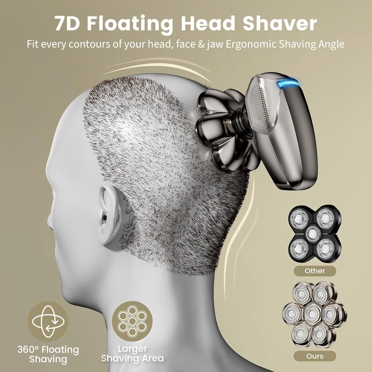 7D Head Shavers for Bald Men,  Detachable Head Shaver LED Display Dry Wet Bald Head Shavers, IPX7 Waterproof Head Shavers with Type-C Charge