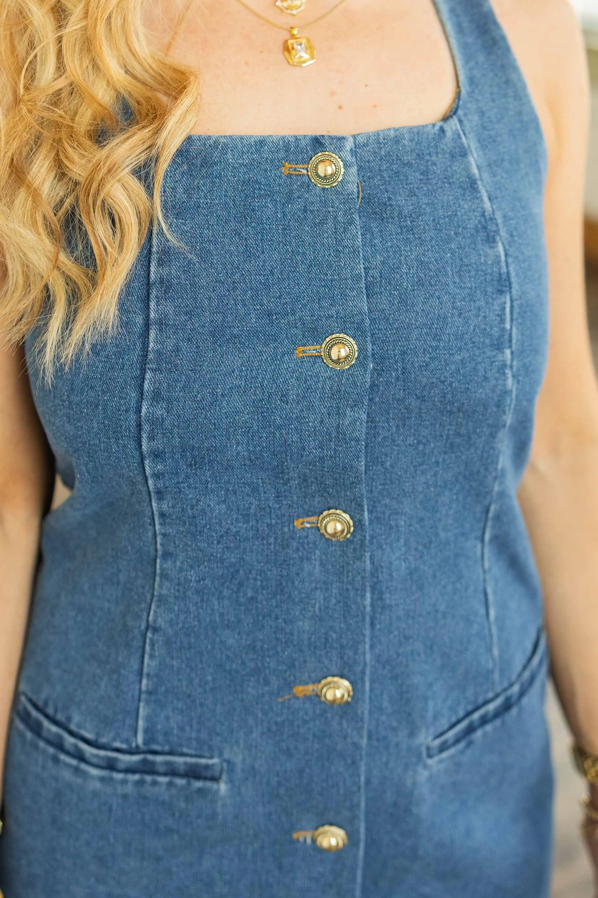 ALEXANDRA DENIM SQUARE NECK MINI BUTTON UP DRESS