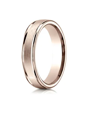Benchmark 14K Rose Gold 4mm Comfort-Fit Satin-Finished High Polish Round Edge Carved Design Wedding Band
