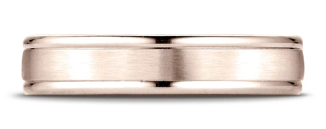 Benchmark 14K Rose Gold 4mm Comfort-Fit Satin-Finished High Polish Round Edge Carved Design Wedding Band