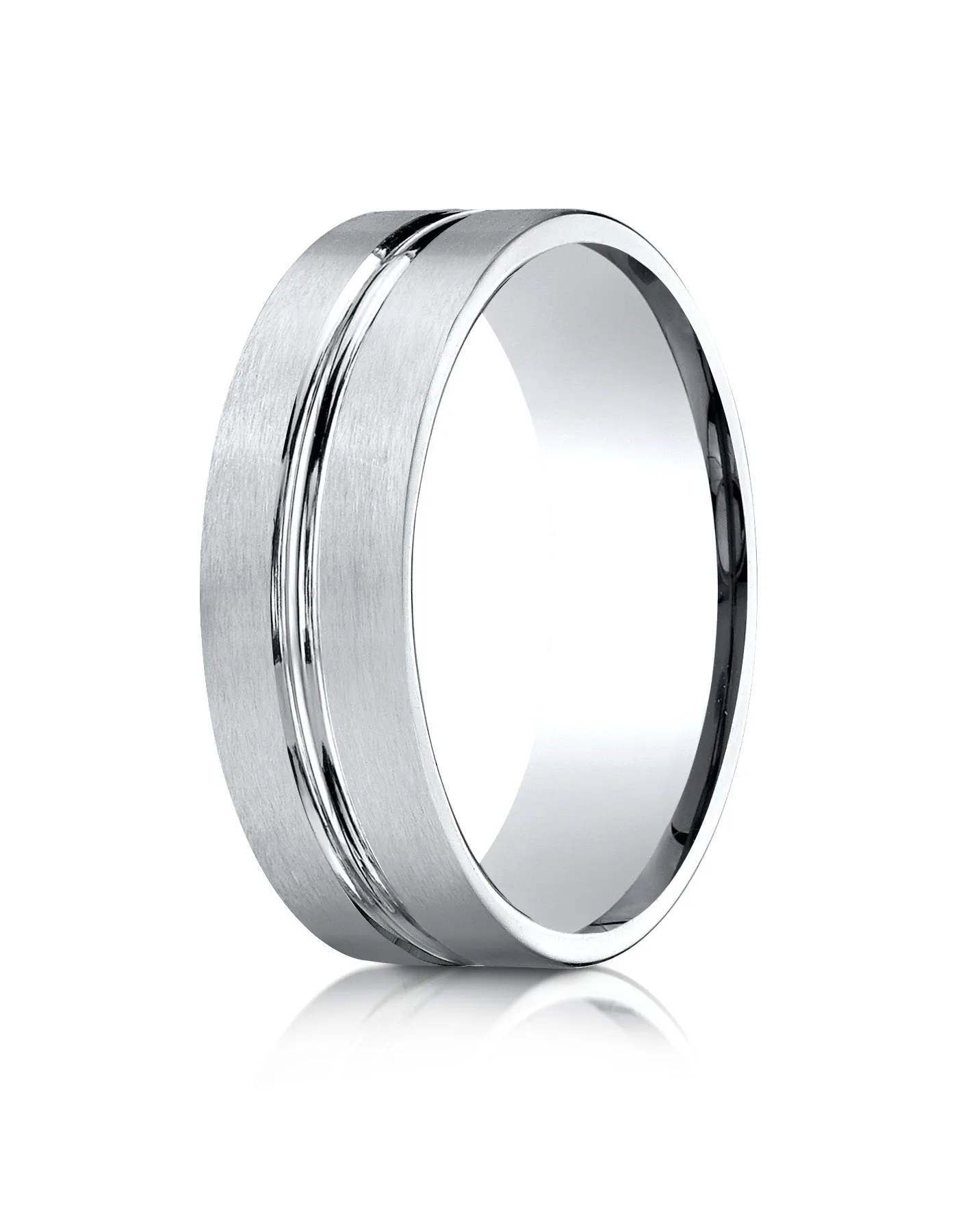Benchmark 14k White Gold 7mm Comfort-Fit Satin-Finished w/ High Polish Center Cut Carved Design Band