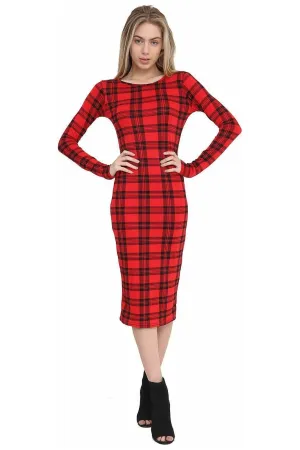 Bodycon Stretch Tartan Print Midi Dress