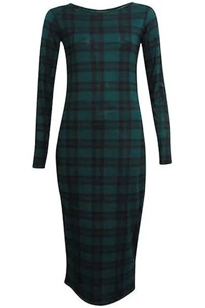 Bodycon Stretch Tartan Print Midi Dress