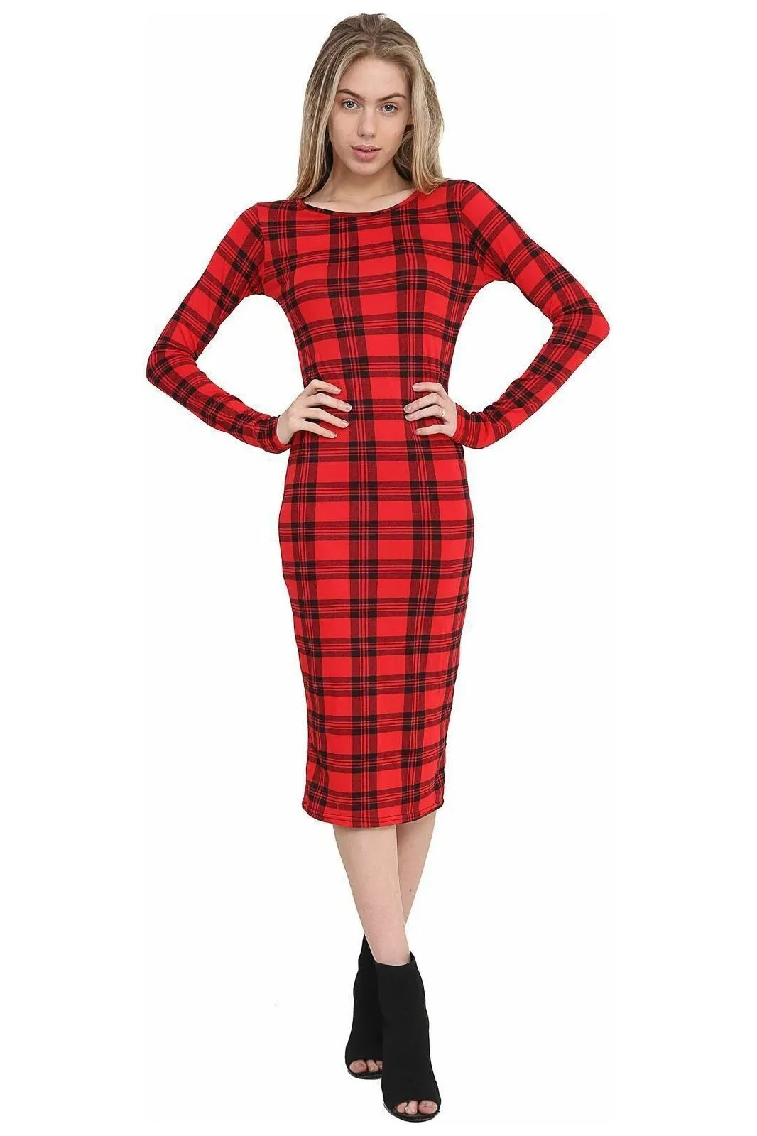 Bodycon Stretch Tartan Print Midi Dress