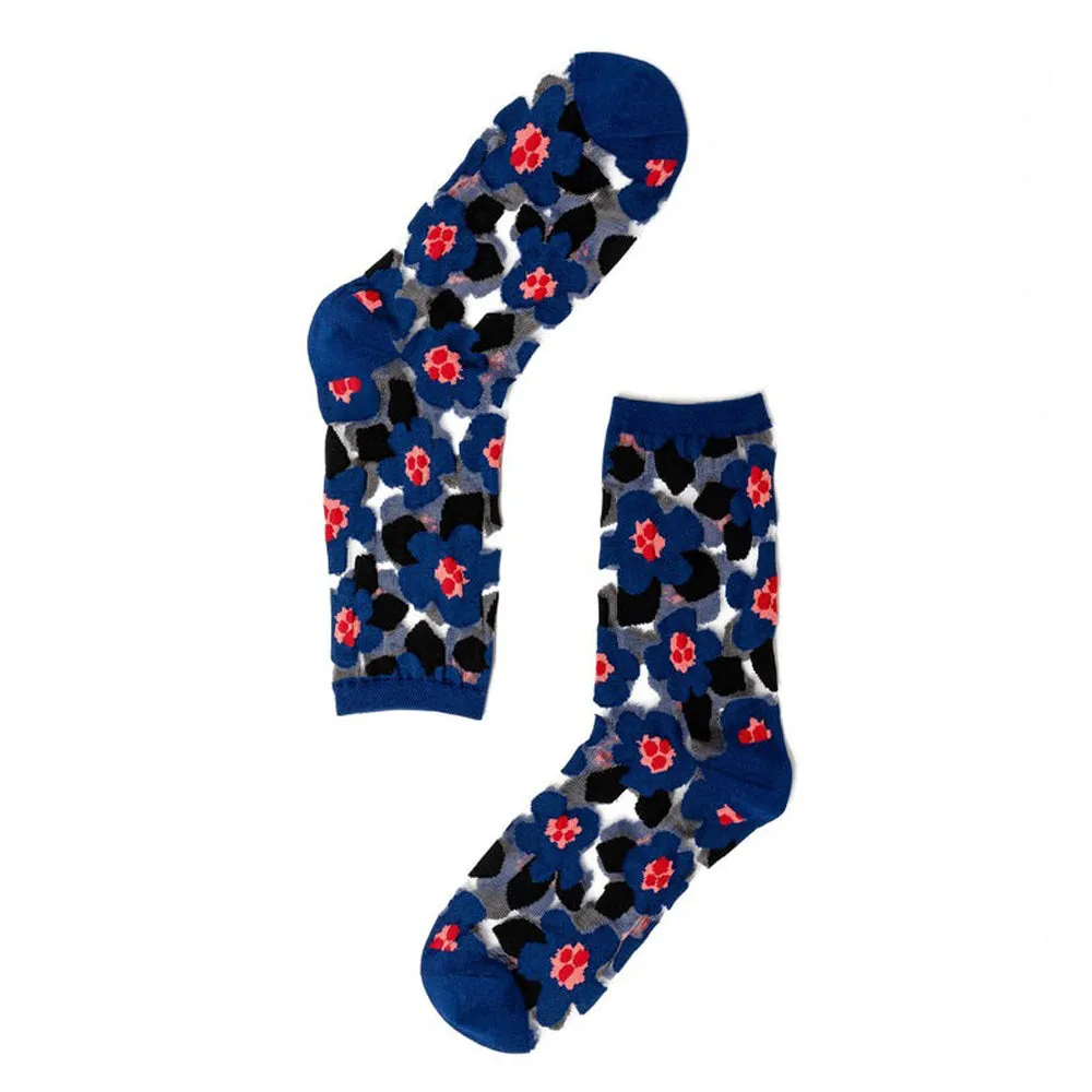 Bold Blue Floral Sheer Crew Socks