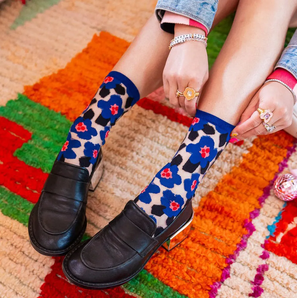 Bold Blue Floral Sheer Crew Socks