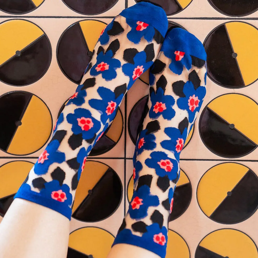 Bold Blue Floral Sheer Crew Socks