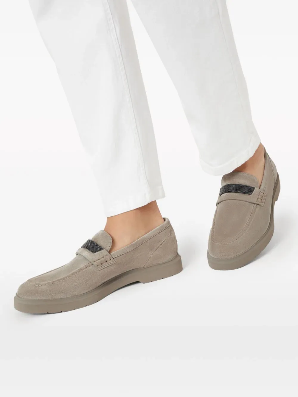 Brunello Cucinelli Crystal-Embellished Penny Loafer Light Grey