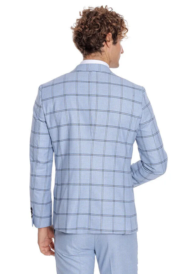 Checked Patterned Slim Fit Light Blue Men Suit - Wessi