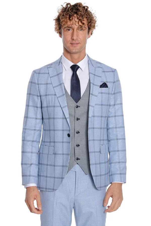 Checked Patterned Slim Fit Light Blue Men Suit - Wessi