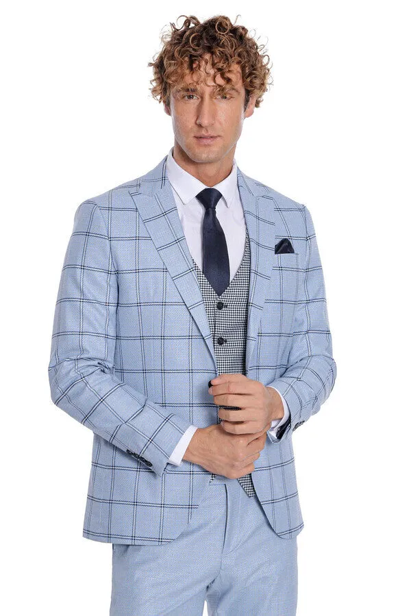 Checked Patterned Slim Fit Light Blue Men Suit - Wessi