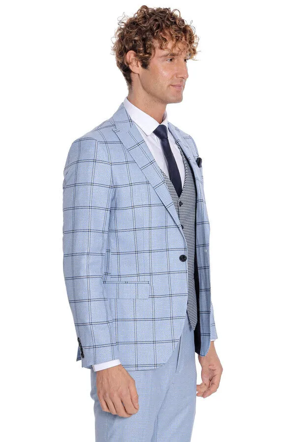 Checked Patterned Slim Fit Light Blue Men Suit - Wessi