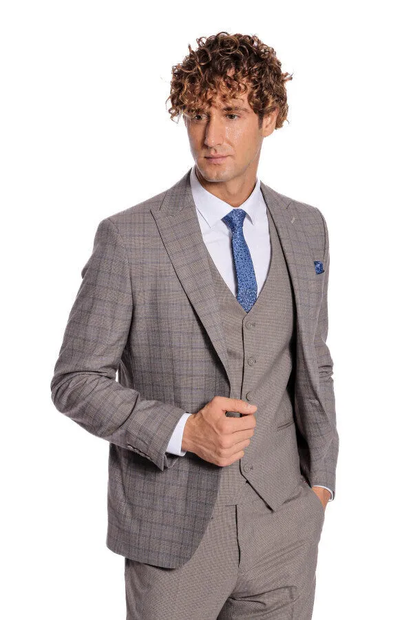 Checked Slim Fit Light Brown Men Suit - Wessi