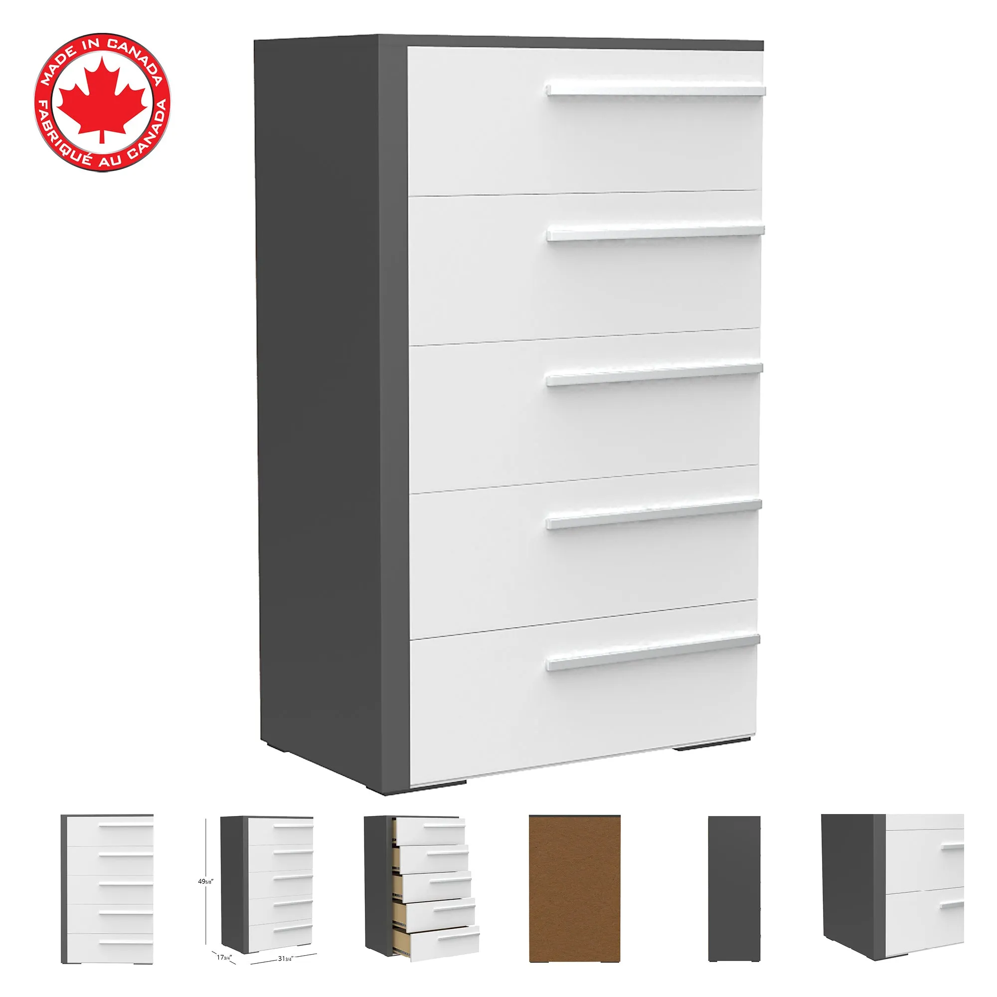 Gabriella 5 drawer chest storage for nursery bedroom, dark grey & white