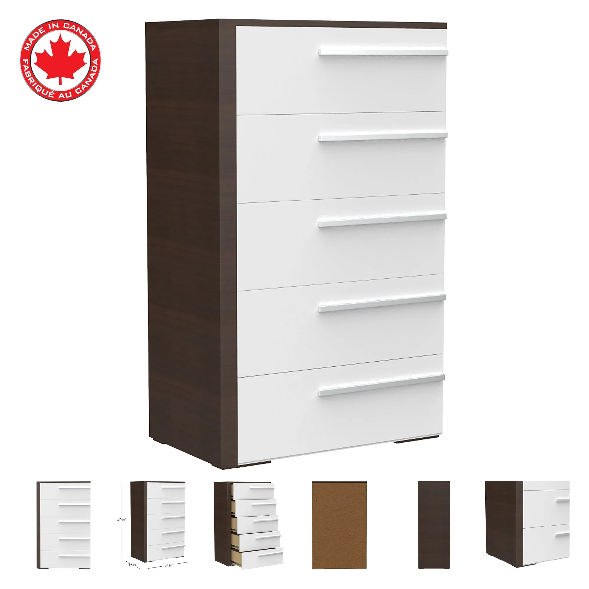 Gabriella 5 drawer chest storage for nursery bedroom, white & walnut