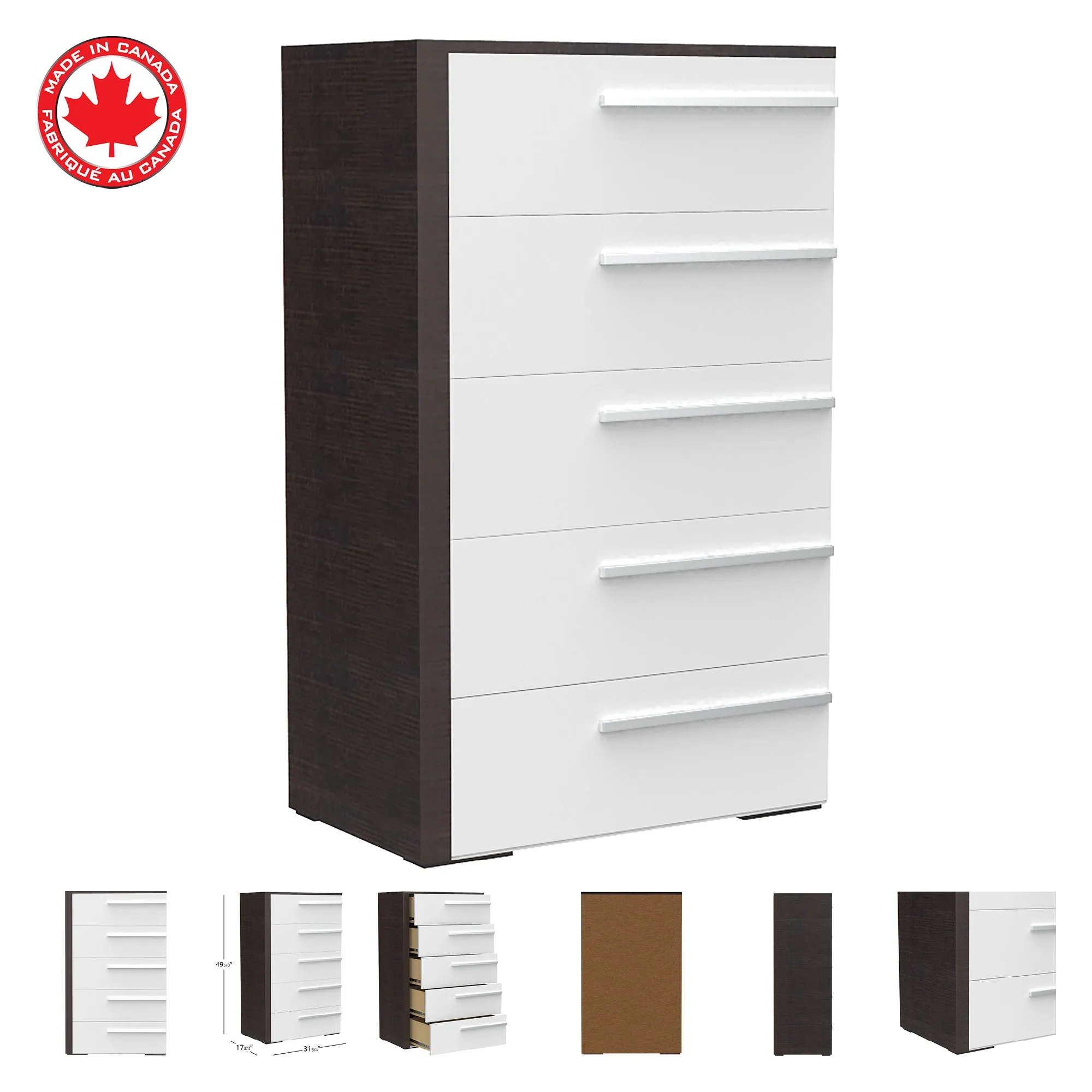 Gabriella 5 drawer chest storage for nursery bedroom, white & wood burn