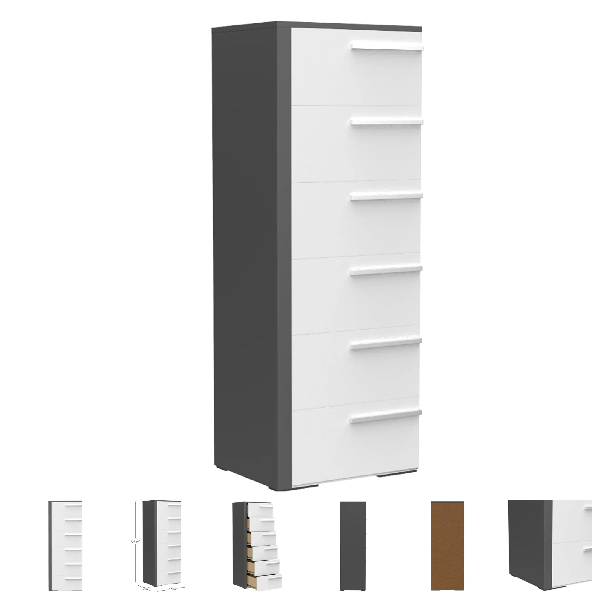 Gabriella 6 drawer chest storage for nursery bedroom, dark grey & white