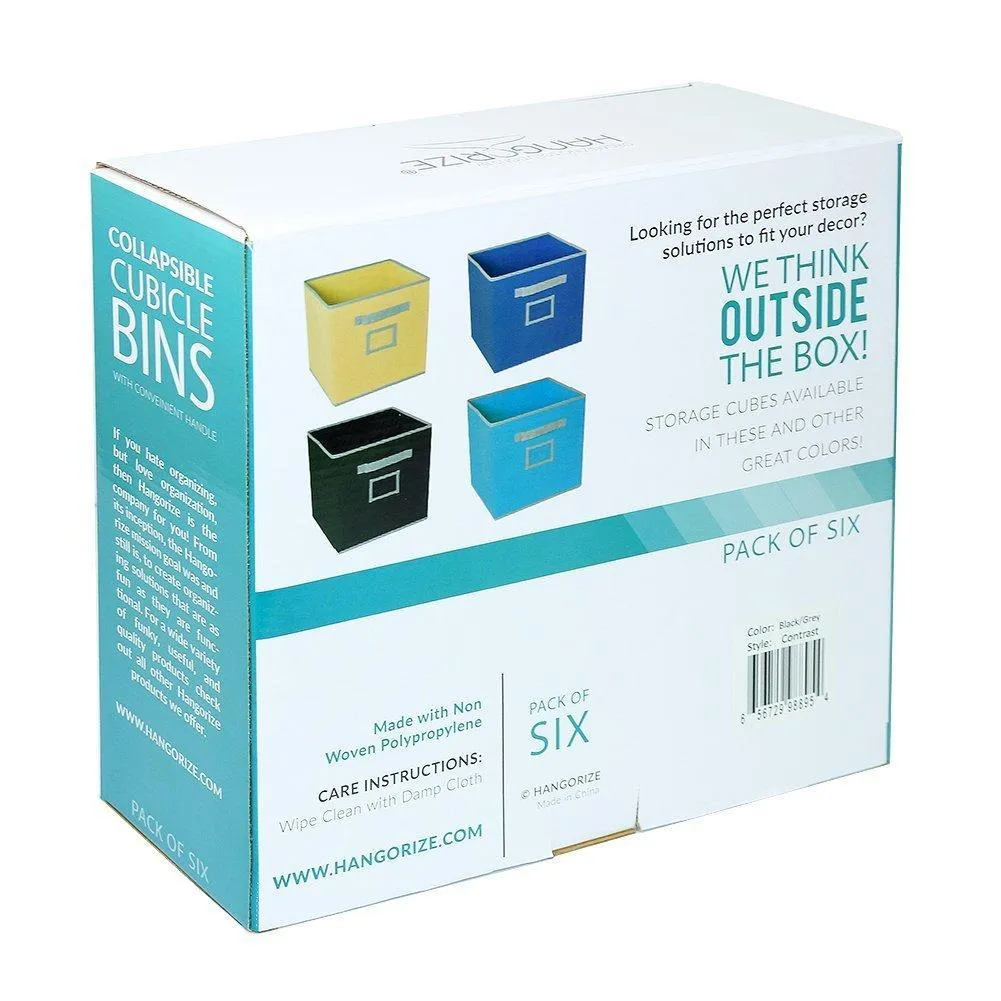 Hangorize Collapsible Fabric Cubicle Storage Bins, Gray, 6 Pack, with Handy Label Window to Make Identifying Contents Easy. Set Includes 6 Foldable Storage Cube Basket Bins