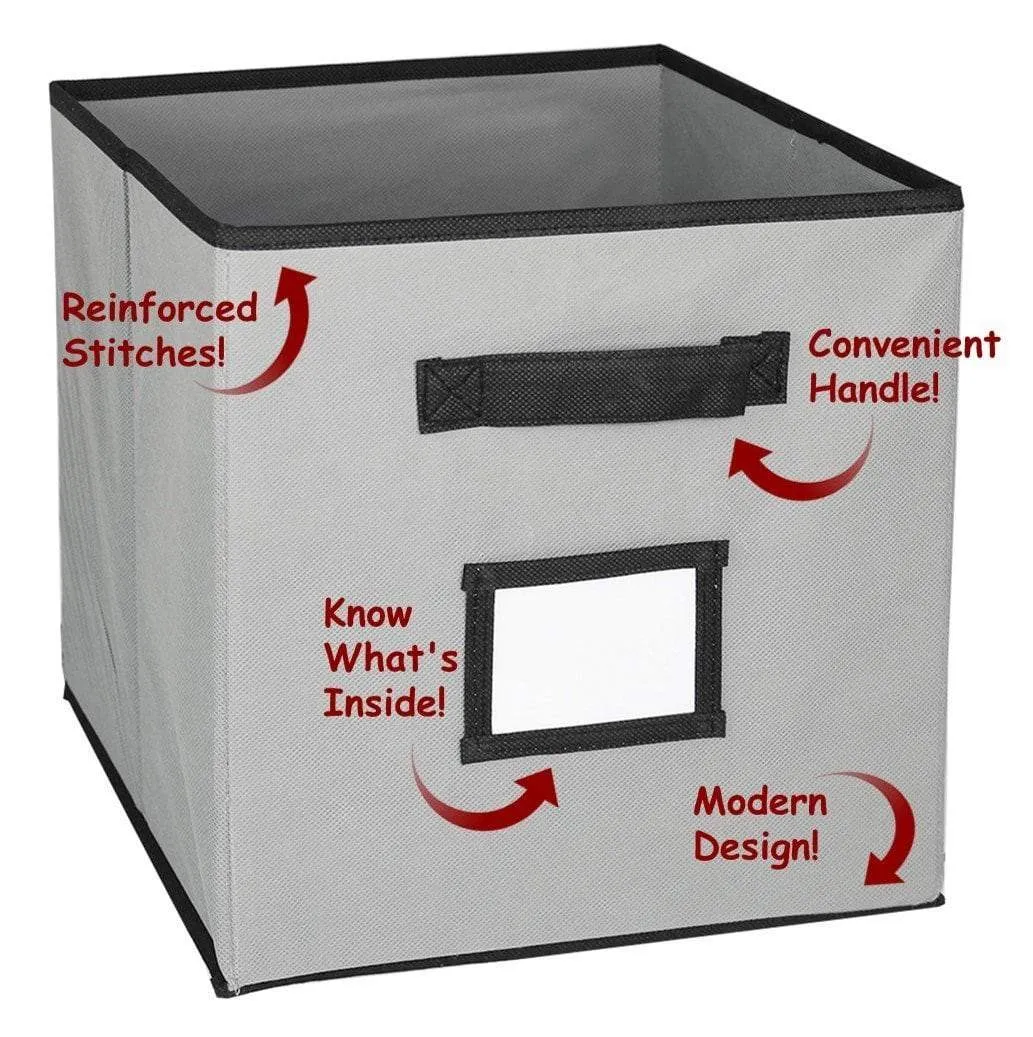 Hangorize Collapsible Fabric Cubicle Storage Bins, Gray, 6 Pack, with Handy Label Window to Make Identifying Contents Easy. Set Includes 6 Foldable Storage Cube Basket Bins