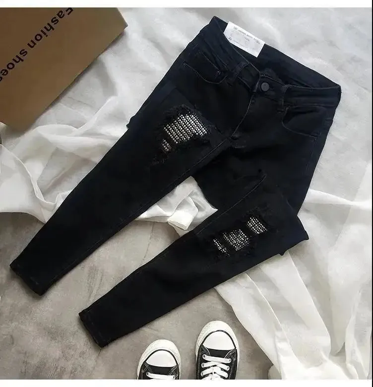 High-Waisted Sequined Hole Skinny Jeans – Casual Streetwear Style