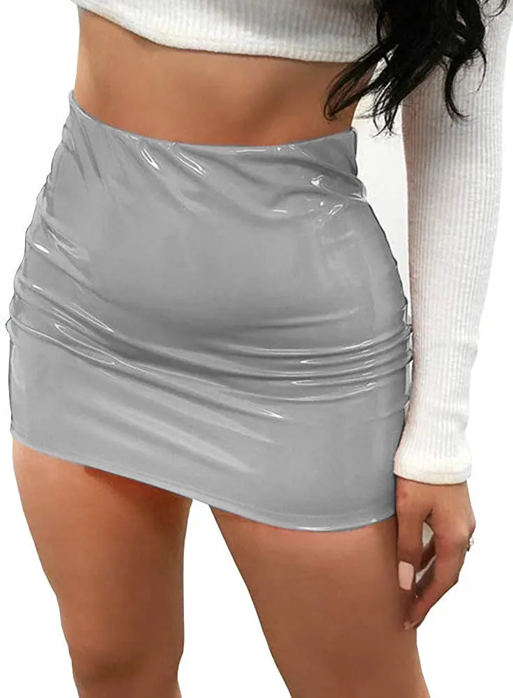 High Waisted Shiny Faux Leather Mini Skirt - Slim Fit & Stretch Waistband