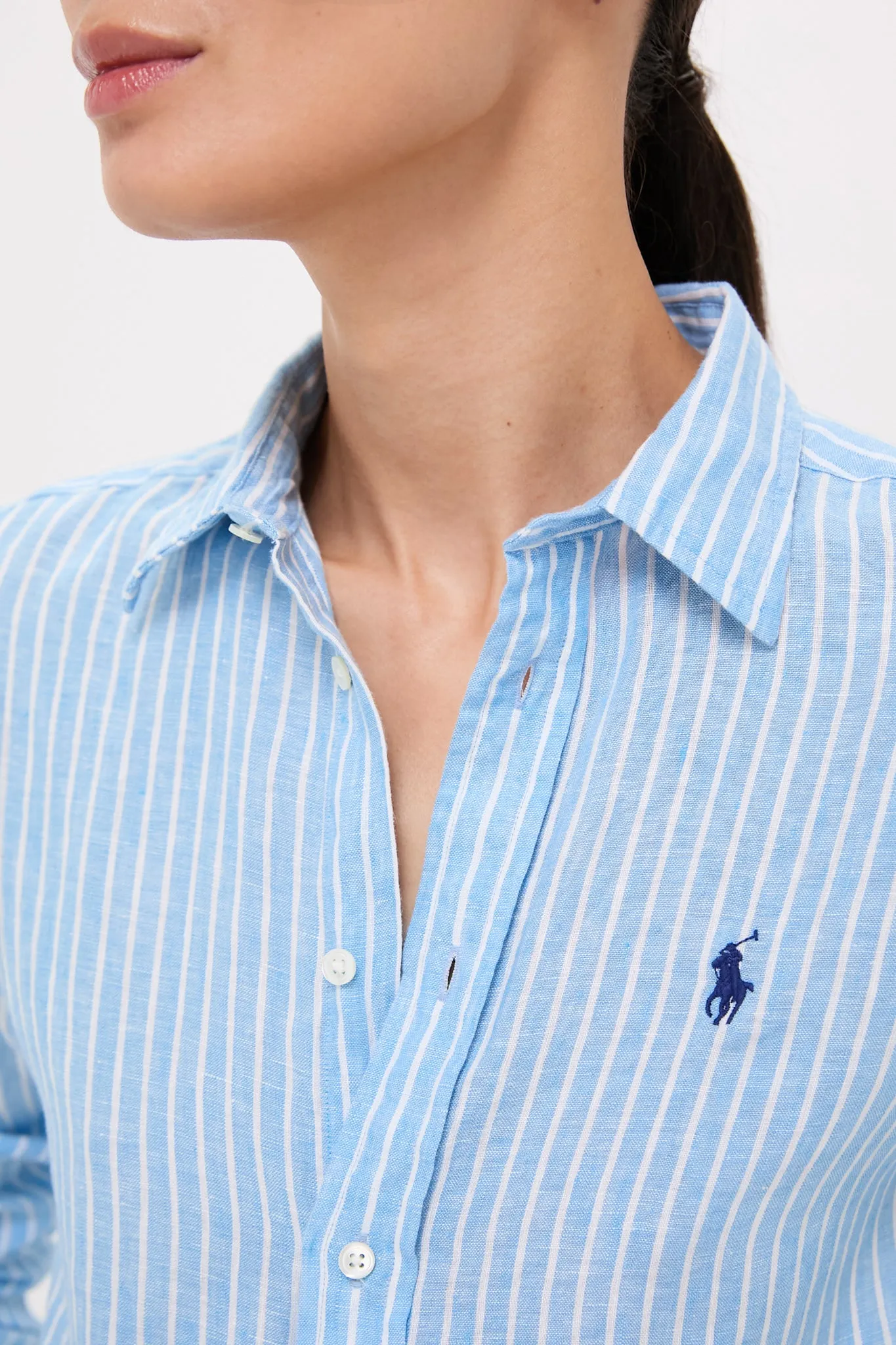 Light Blue and White Linen Long Sleeve Button Front Shirt