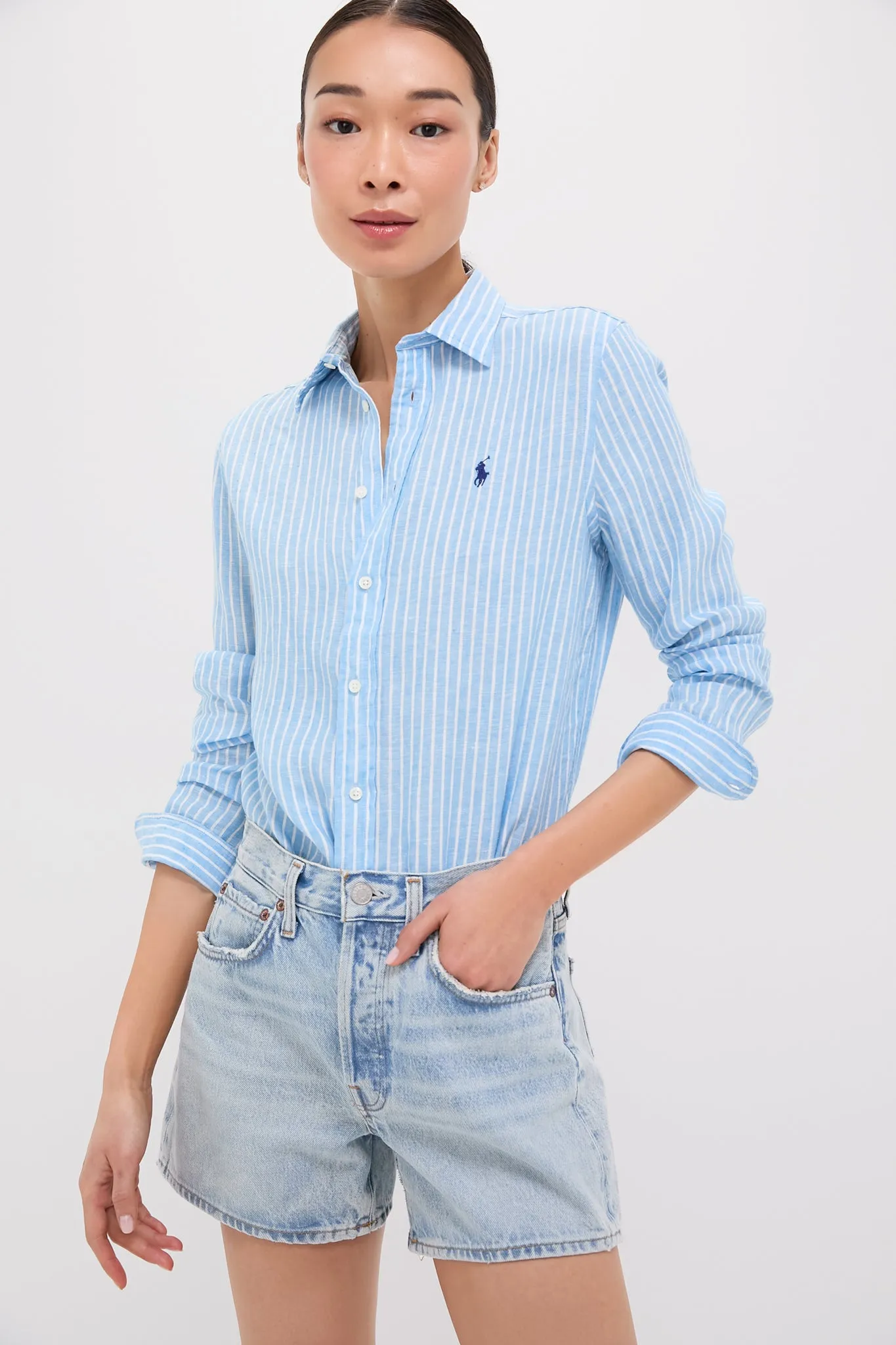 Light Blue and White Linen Long Sleeve Button Front Shirt