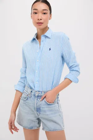Light Blue and White Linen Long Sleeve Button Front Shirt