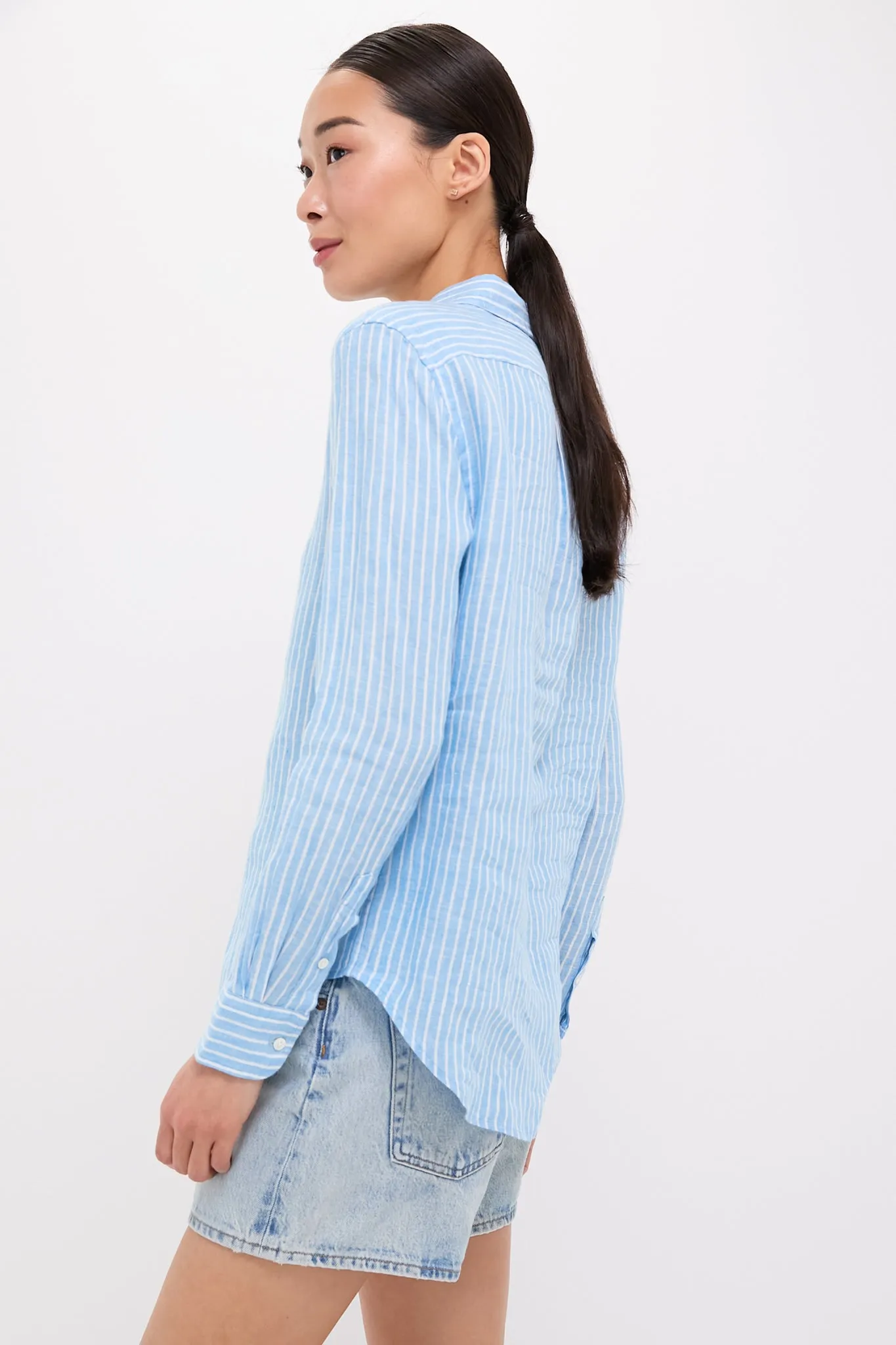 Light Blue and White Linen Long Sleeve Button Front Shirt
