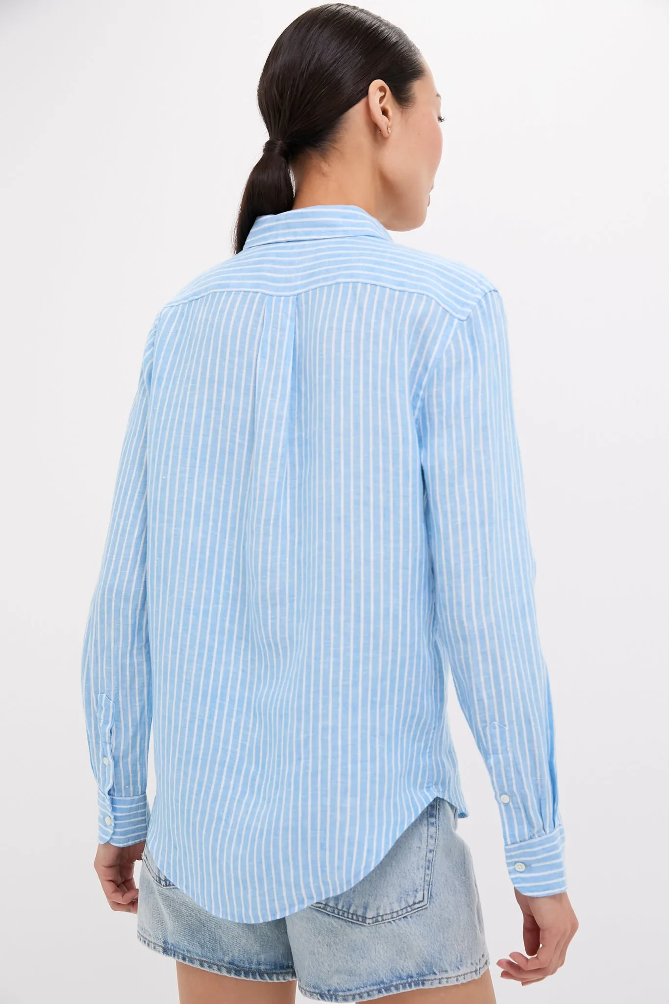 Light Blue and White Linen Long Sleeve Button Front Shirt