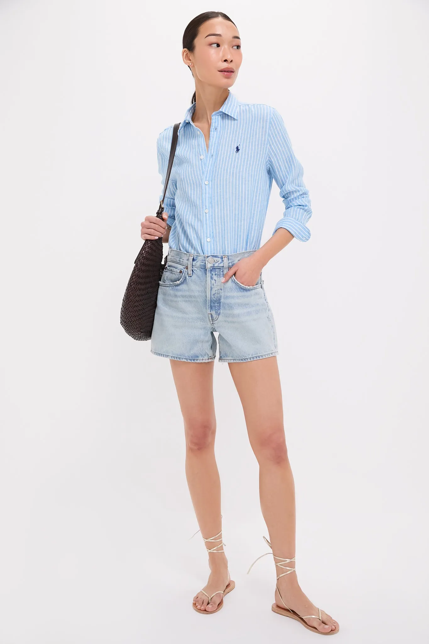 Light Blue and White Linen Long Sleeve Button Front Shirt