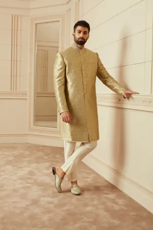 Light Green Brocade Achkan With Zardozi Embroidery