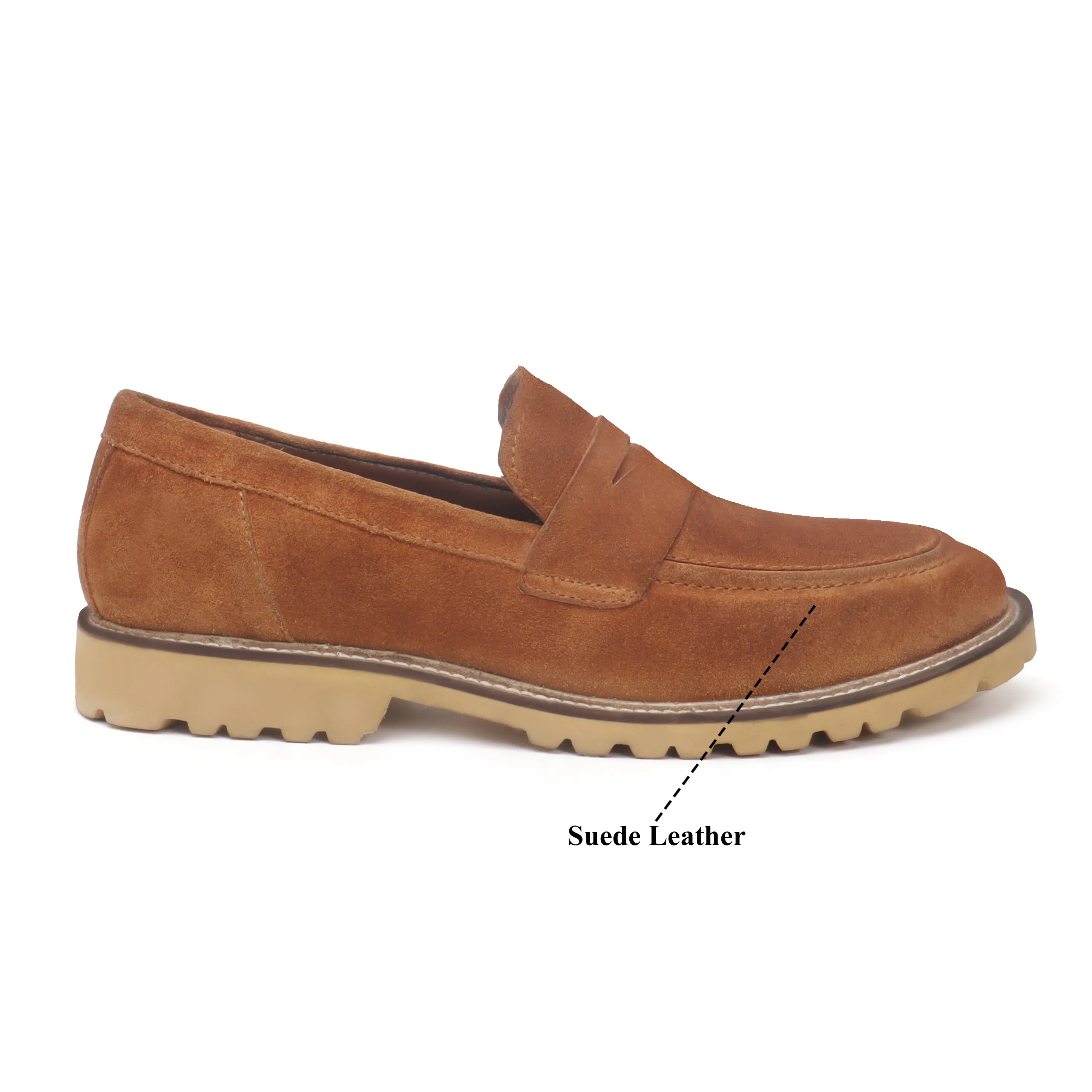 Light Weight Lug Sole Loafers in Orange Suede Leather with Triangular Cut-Strap
