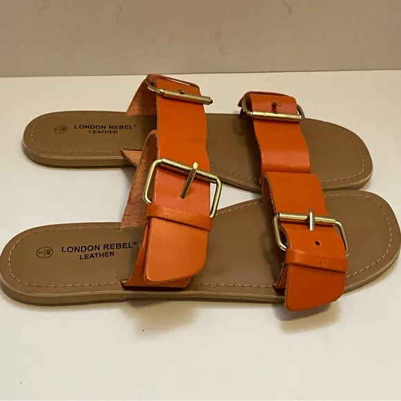London Rebel Leather Double Buckle Slides in Orange 9