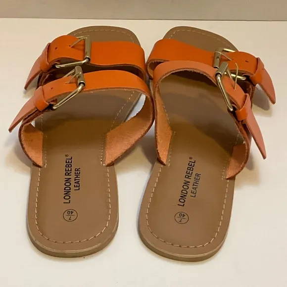 London Rebel Leather Double Buckle Slides in Orange 9