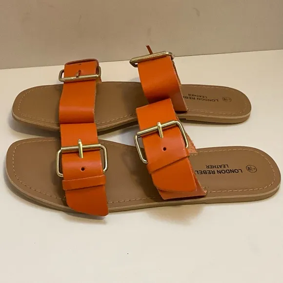 London Rebel Leather Double Buckle Slides in Orange 9