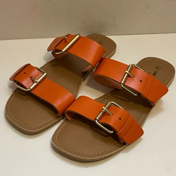 London Rebel Leather Double Buckle Slides in Orange 9