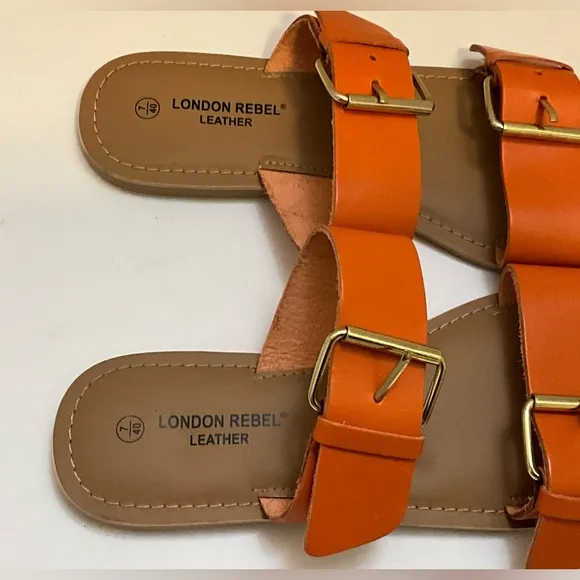 London Rebel Leather Double Buckle Slides in Orange 9
