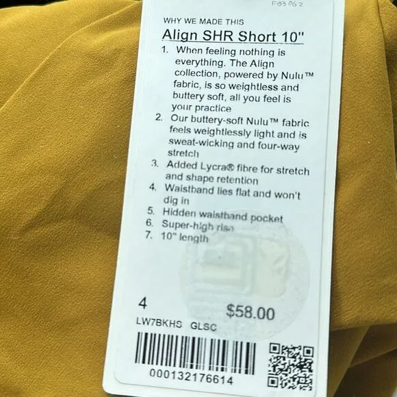 Lululemon Align Super High Rise Short 10&quot;‎ Gold Spice size 4 NWT