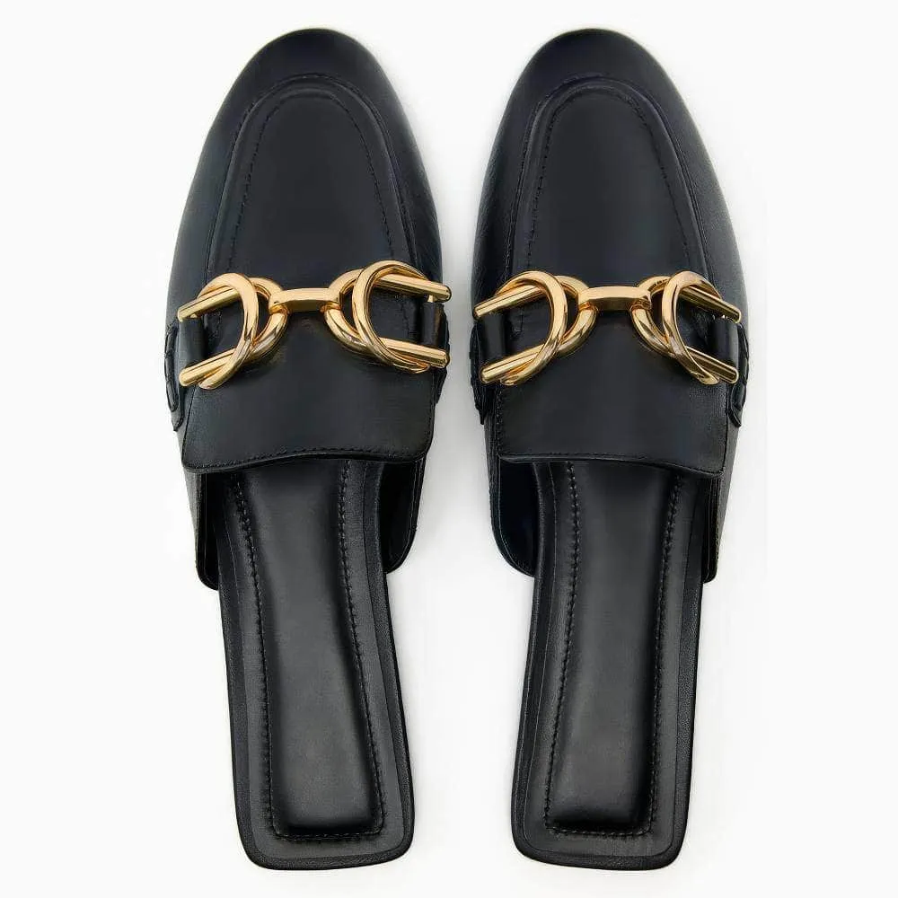 Metal Deco Buckle Mules Slip-on Loafers